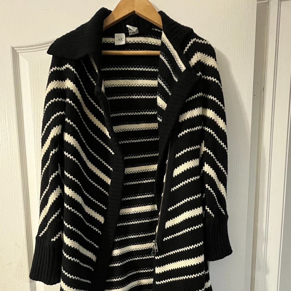 ARMANI EXCHANGE FULL ZIP BLACK WHITE STRIPE LONG CARDIGAN SWEATER WOMEN MEDIUM